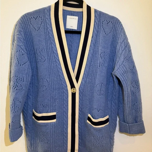 Sandro Blue Wool Erwan Pointelle Knit Women's Cardigan Sweater - Picture 5 of 11